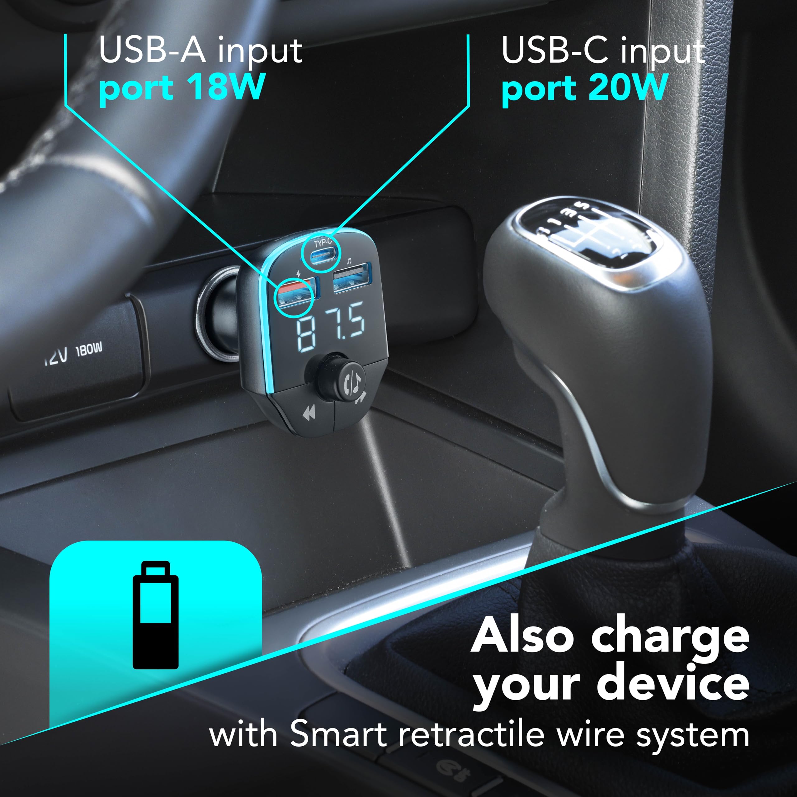 Cellularline - Car FM Transmitter - Trasmettitore FM Bluetooth® per autoradio - USB Music Player - Caricabatterie Auto 20W - Quick Charge 3.0 - Chiamate Hands Free - Luci RGB - Nero