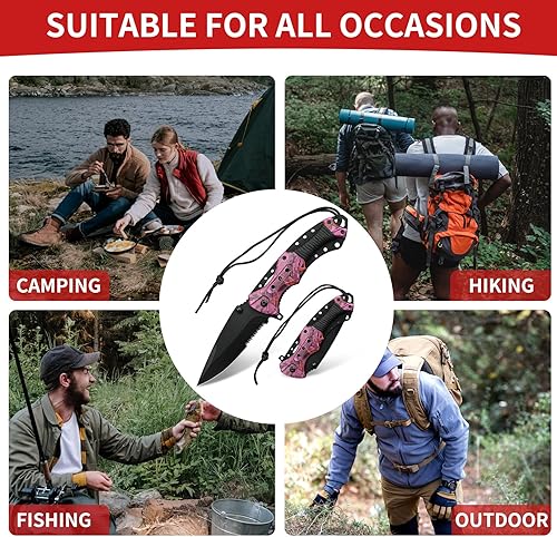 Miniatura 6 de Cuchillo plegable afilado de 4.7 pulgadas, cuchillo dentado de bolsillo, cuchillos con mango de cuerda para camping, pesca, EDC