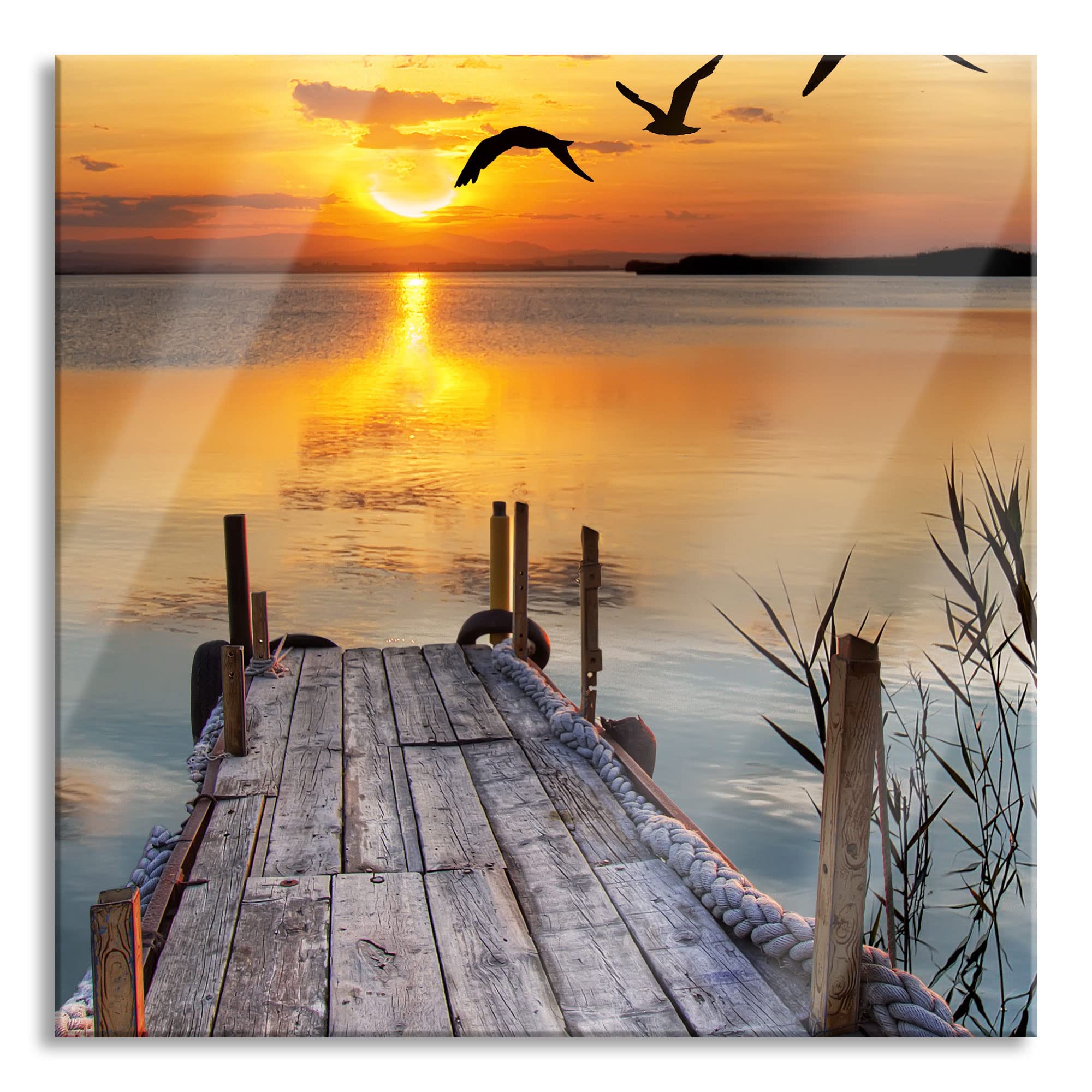 Pixxprint Glasbild, Wandbild auf Echtglas, Steg bei Sonnenuntergang, 60x60 cm, inkl. Aufhängung und Abstandshalter