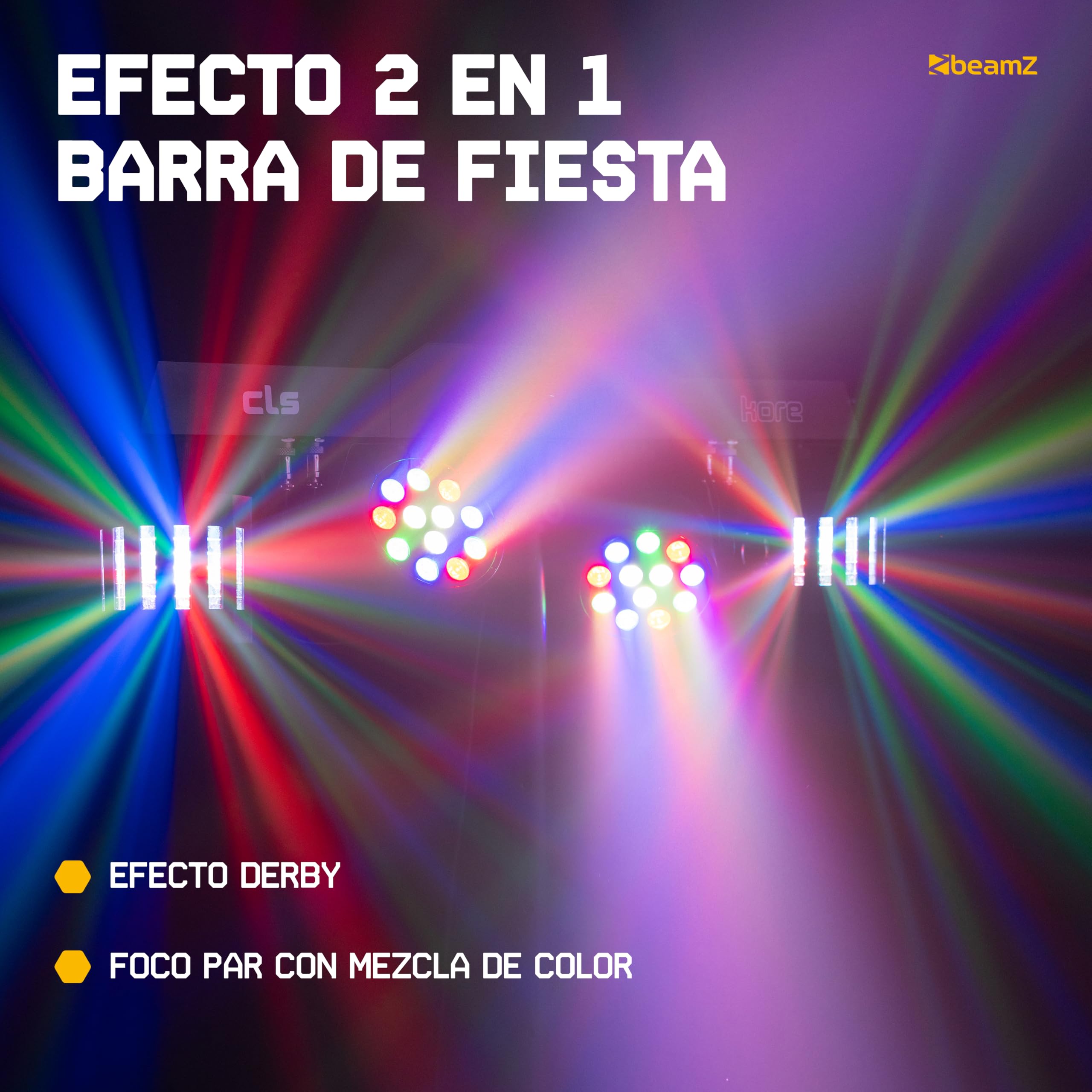 BeamZ CLS Kore Party Bar con 2 par led rgbw y 2 derby, barra led dj con tripode regulable, dmx 512, mando a distancia, luces discoteca para casa, luces dj y luces escenario
