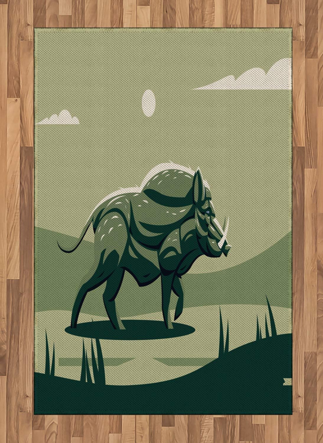 Razorback Area Rug, Green Tone Monochrome Print of Wild Boar with Tusks, Non Slip Rug Pad 2.6' x 5' Rectangle, Safe for Hardwood Floors and All Surfaces