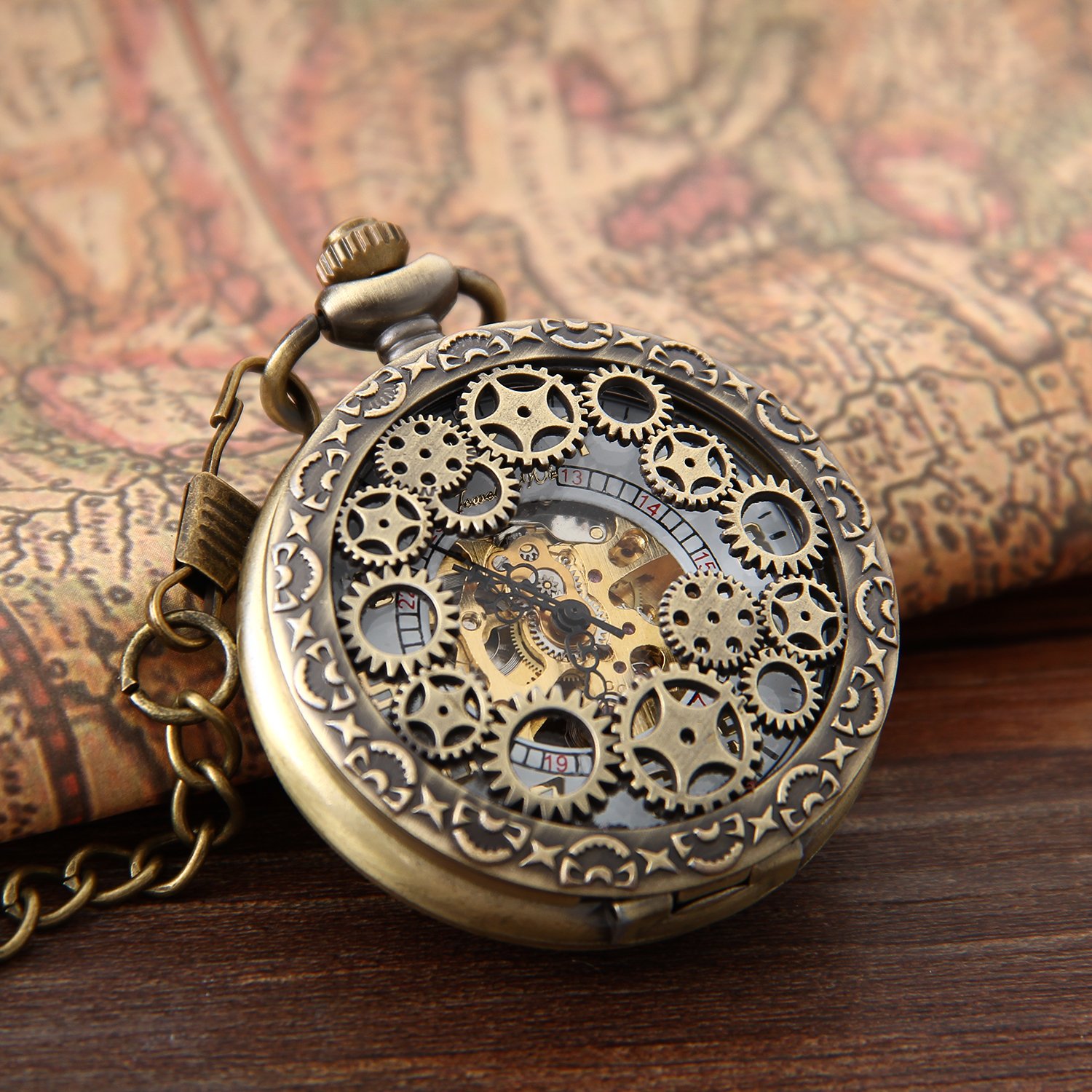 JewelryWe Montre à Gousset Homme Mécanique Automatique,Montres de Poche à Quartz Vintage Bronze,Montre Gousset Steampunk Homme Rétro avec Engrenage Mécanique pour Déguisement et Costume,1 ATM Etanche