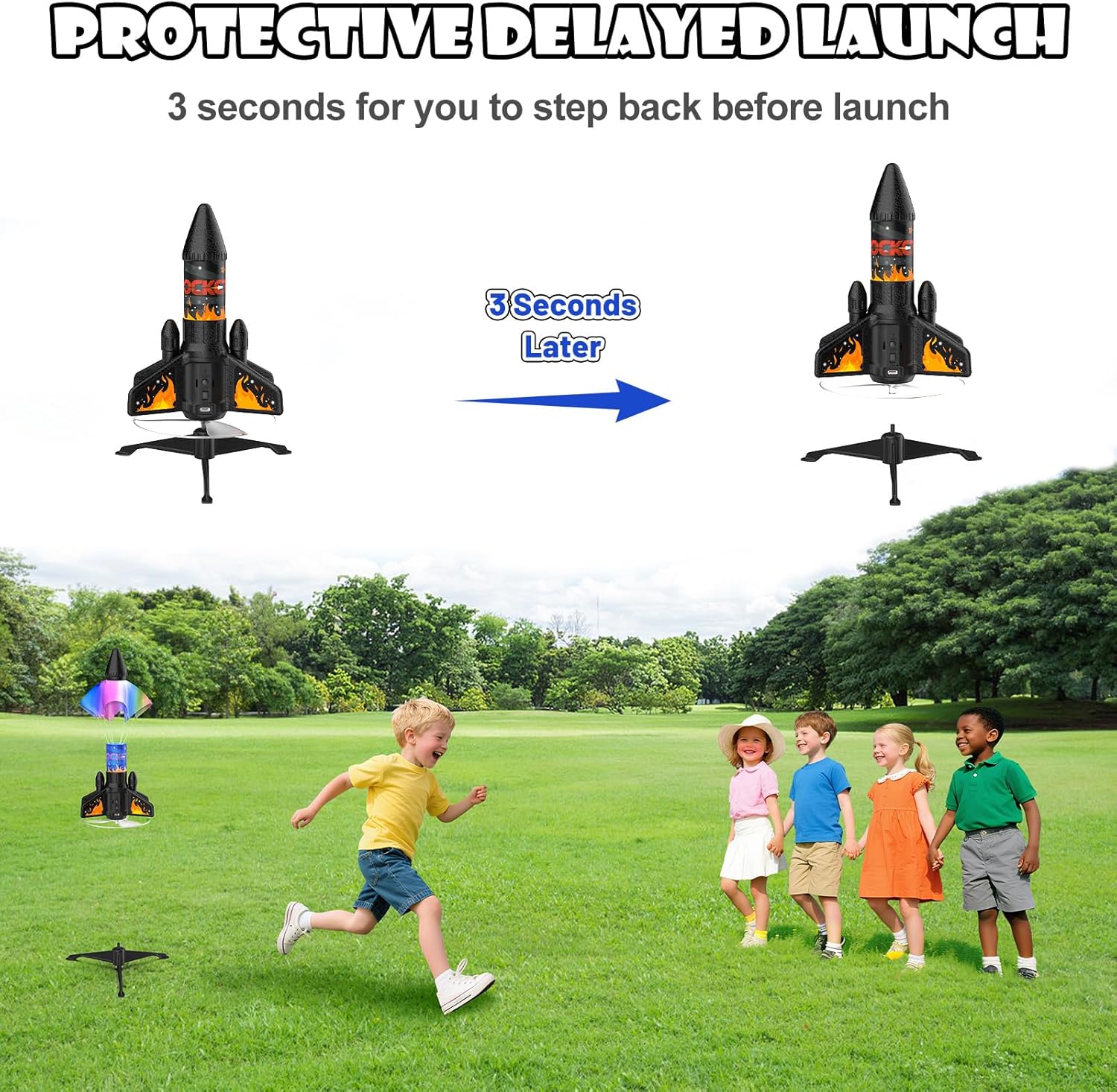 Rocket Launcher for Kids, 200 ft Self Launching Motorized Rocket Toy with LED and Safety Parachute Land, Outdoor Toys Cool Birthday for Boys Ages 8-12 (Orange)