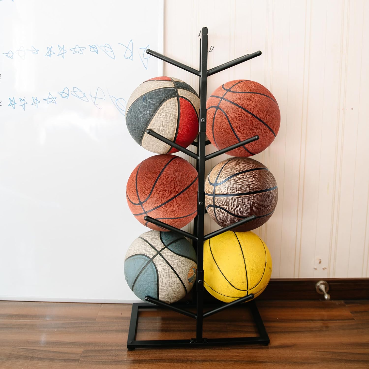 GENMOUS 8-Ball Basketball Holder - 34.5" Tall Double Side Metal Rack Display Stand for Basketball, Football, Volleyball Storage - Sports Decor for Home, Garage, Indoor, Outdoor Ball Storage