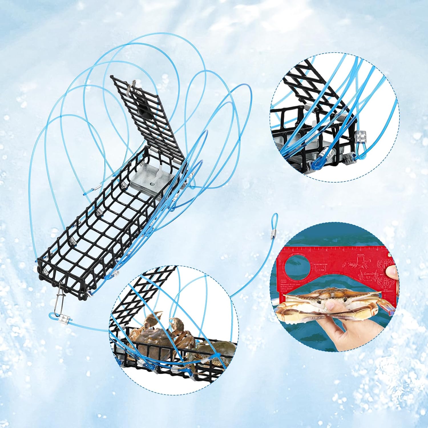 10 Loop Crab Snare Trap, 4Pcs 6 Inch Castable Crab Trap with 2Pcs Crab Gauge for Fishing Pole, Crab Snare for Fishing Poles Dungeness Blue Red Rock Crabs