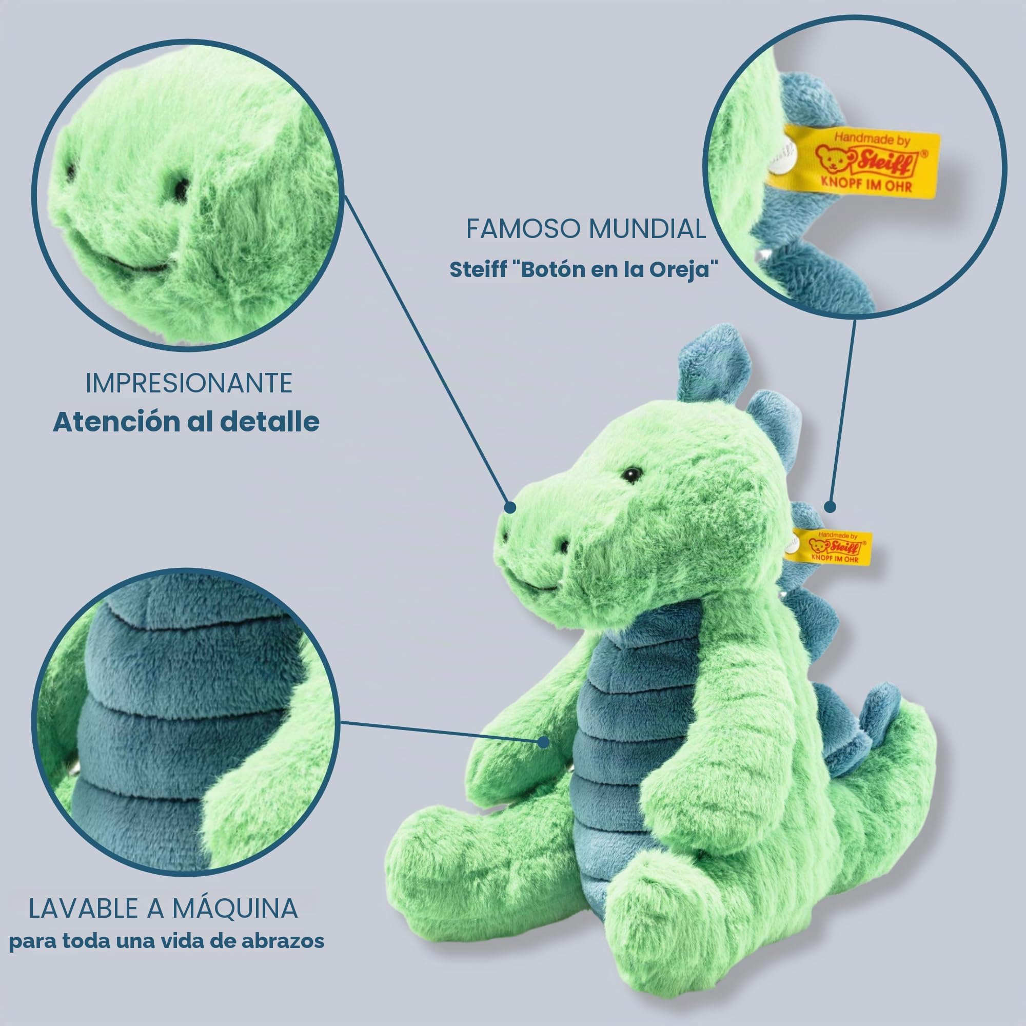 Steiff Peluche de estegosaurio Verde petróleo de 28 cm, Peluche de Dinosaurio, Suave Cuddly Friends, Marca de Peluche con botón en la Oreja, para bebés Desde el Nacimiento