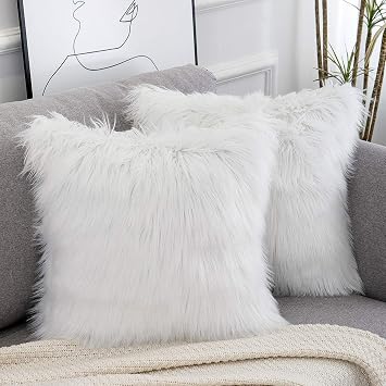 Set of 2 White Decorative Fluffy Pillow Covers 18x18 Inch