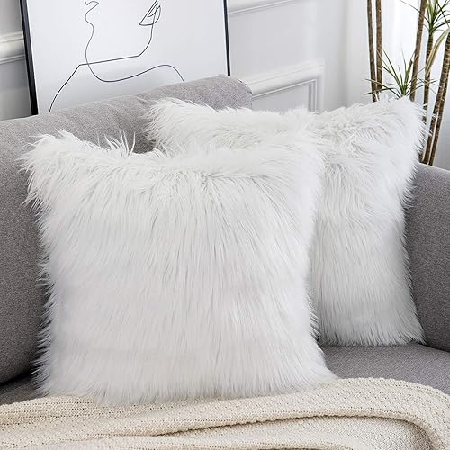 Set of 2 White Decorative Fluffy Pillow Covers New Luxury