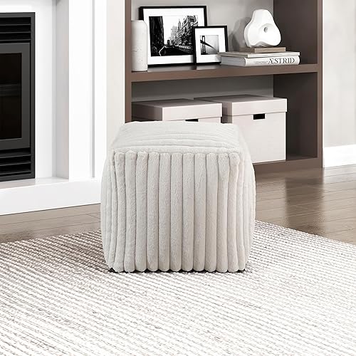 Miniatura 5 de Lexicon Puf otomano, reposapiés otomano cuadrado, puf de pana, taburetes pequeños para sofá con relleno para sala de estar/dormitorio, color blanco