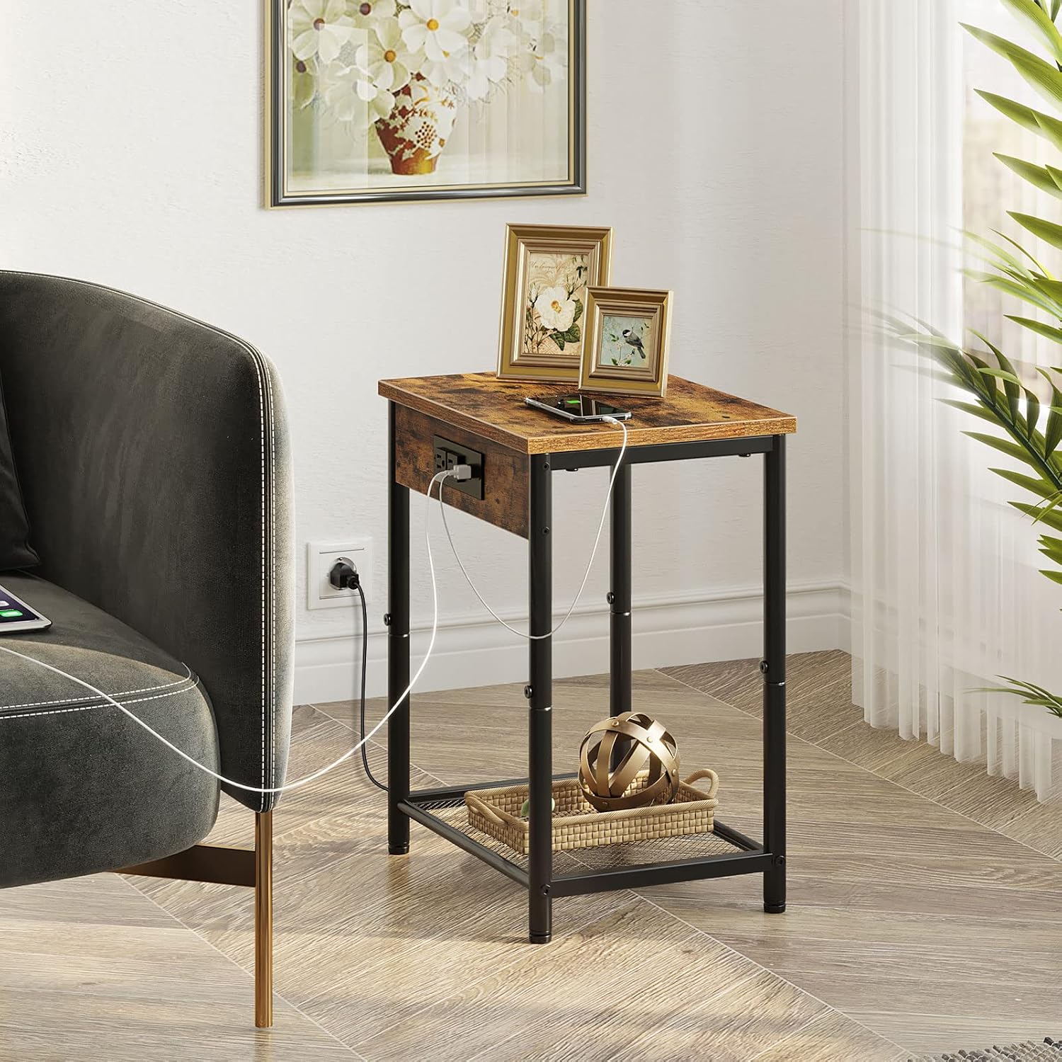 Seventable End Table with Charging Station & USB Ports, Narrow Side Table for Living Room, Nightstand with Storage Shelf 2-Tier Sofa Table for Bedroom Rustic Brown