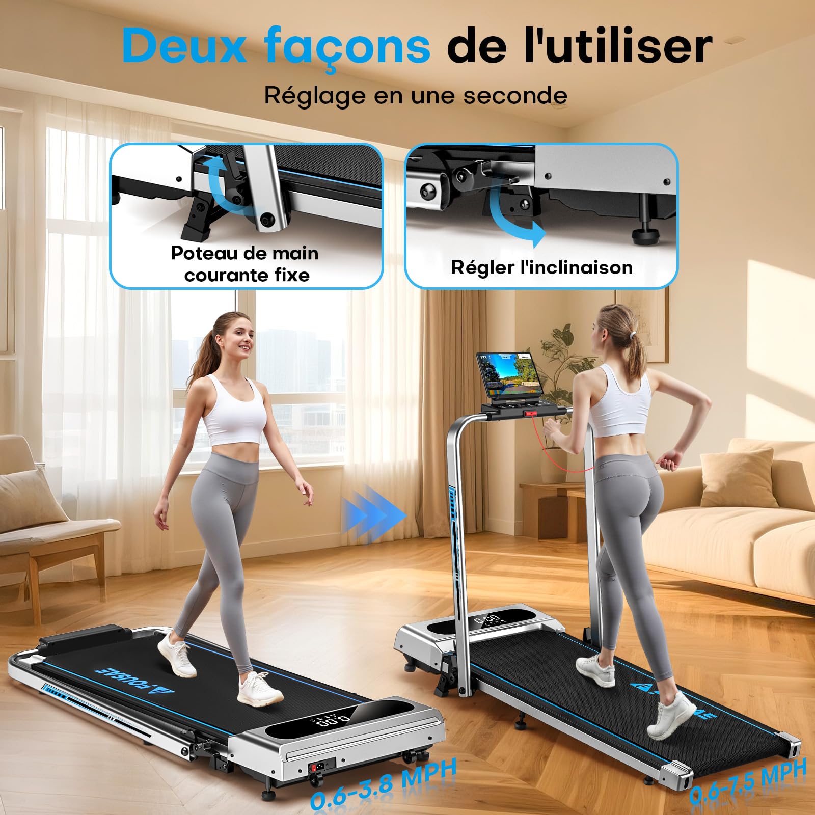 Tapis de Course Pliable FOUSAE 12 Programmes HIIT Inclinable 9% 12 KM/H Moteur 2,75 CV Charge 158kg