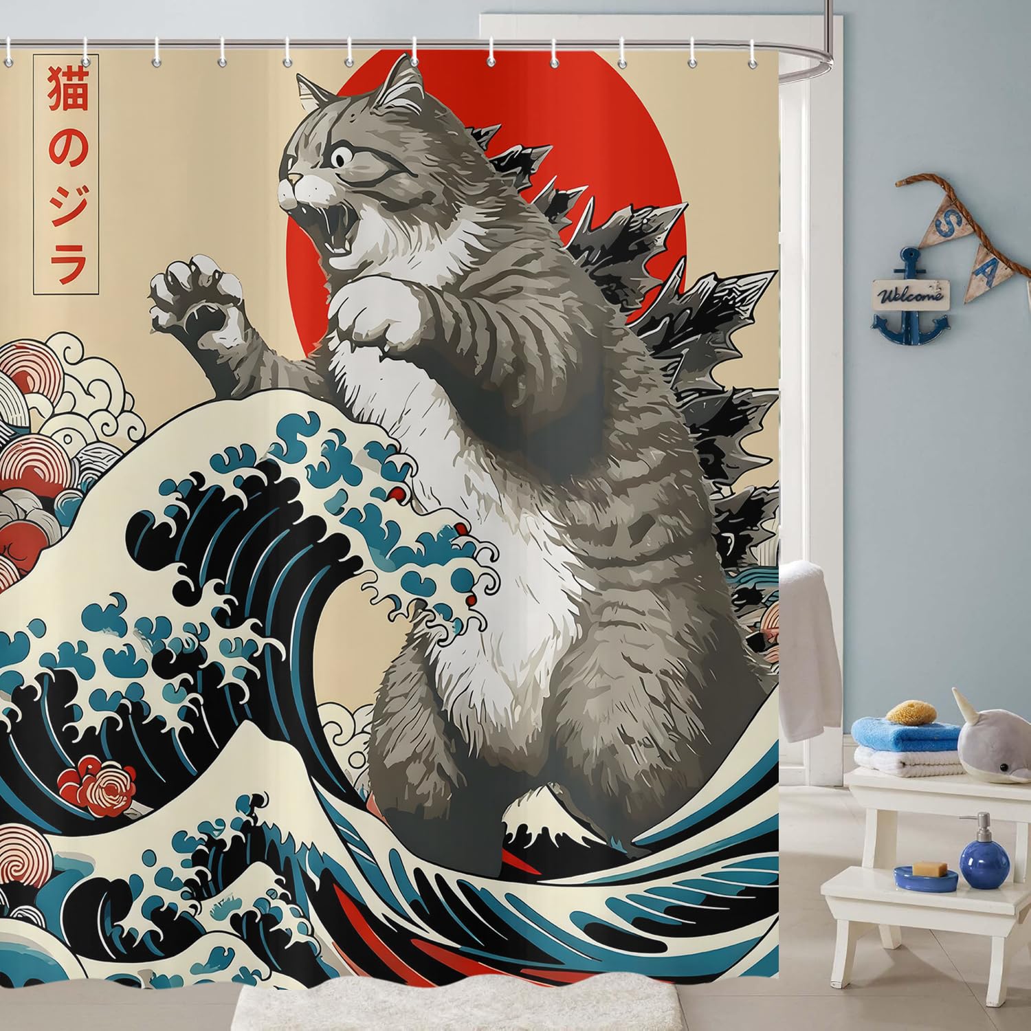 Rideau de douche chat japonais vintage pour une salle de bain zen 180x200