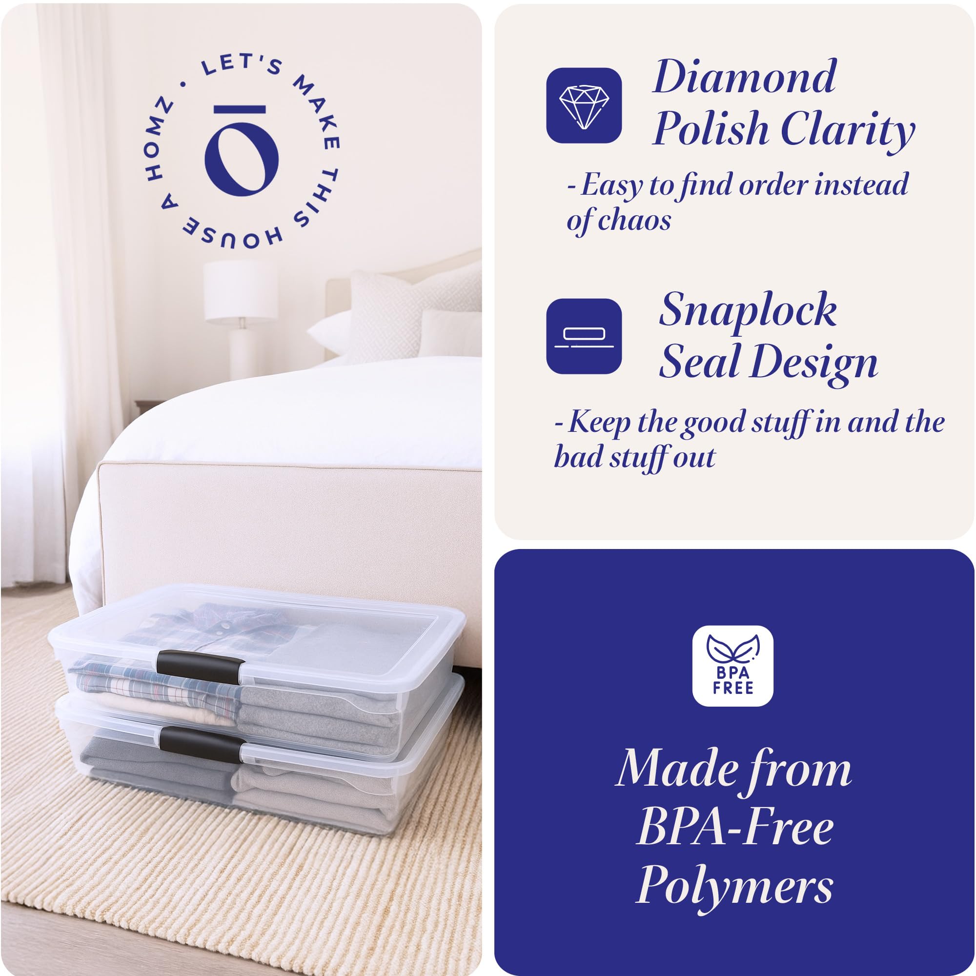 Homz Confezione da 2 contenitori sottoletto, contenitori in plastica trasparente con coperchio, 56 l, chiusura grigia, impilabili sotto il letto, organizer per scarpe, borse, vestiti e asciugamani