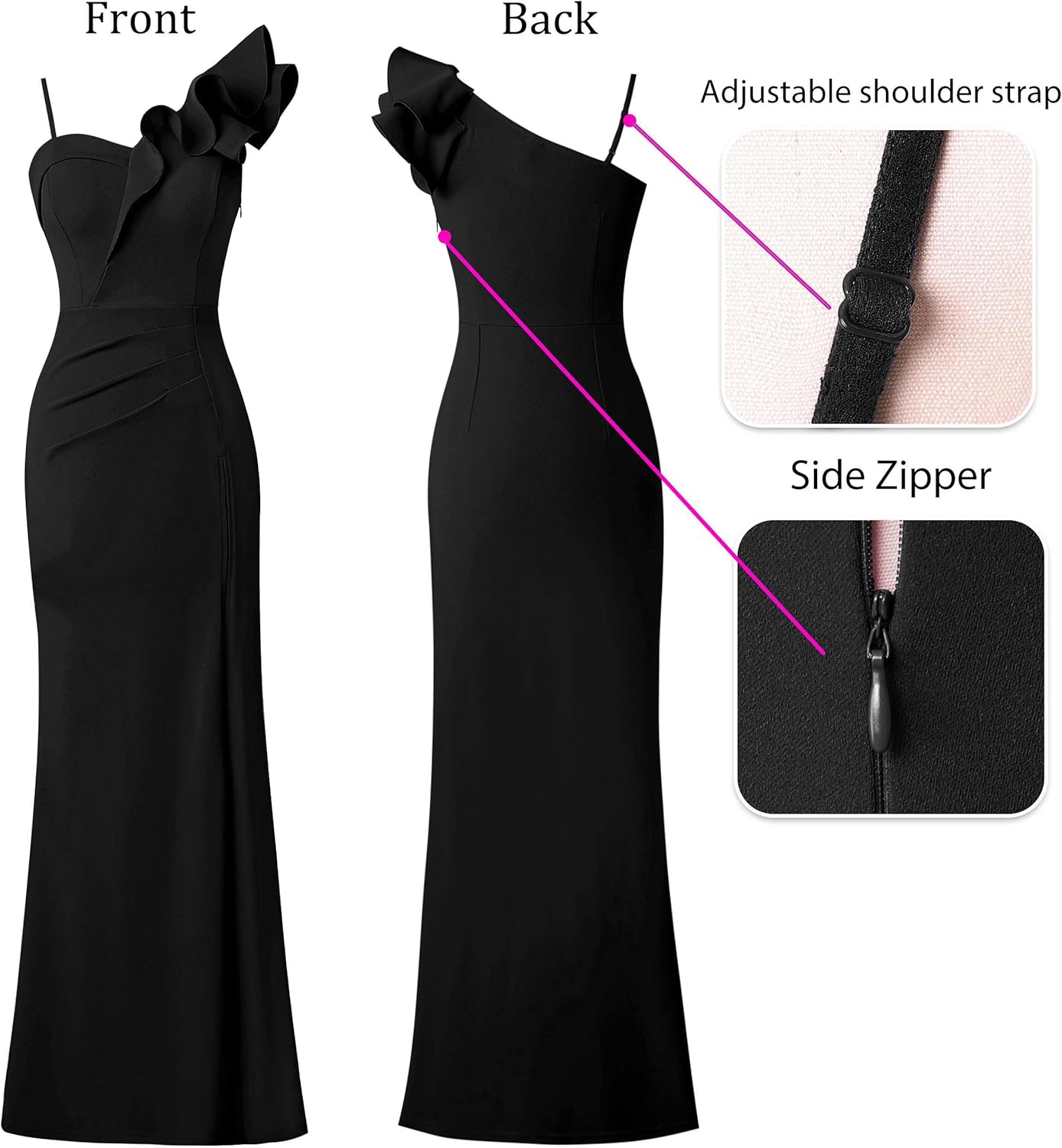 VFSHOW Womens Ruffle One Shoulder Strap Ruched Formal Prom Wedding Maxi Dress V Neck Elegant Split Cocktail Evening Long Gown