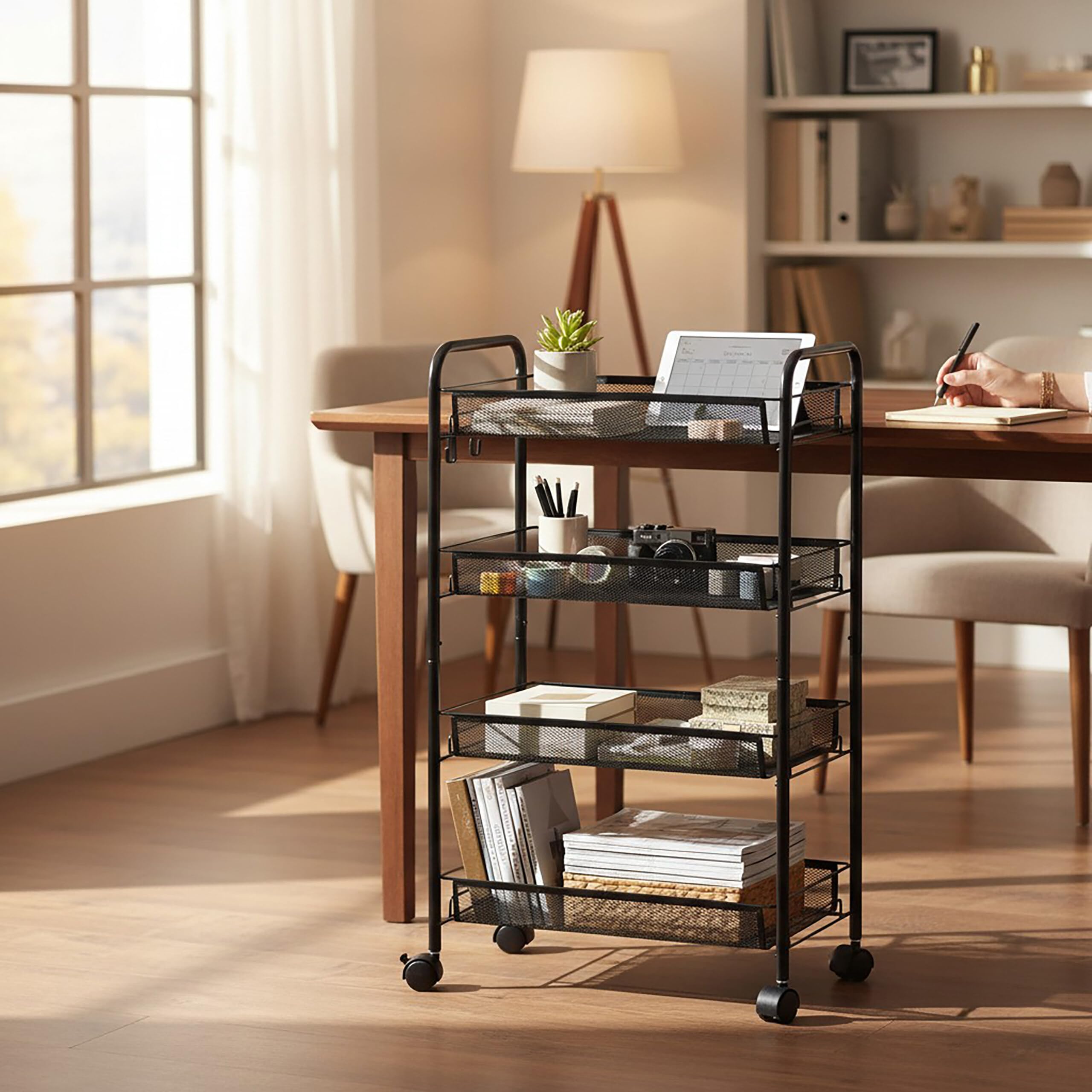 Chariot Relaxdays 4 étagères en Maille - desserte Cuisine/Salle de Bain/Bureau, 84×44,5×26 cm, métal Noir