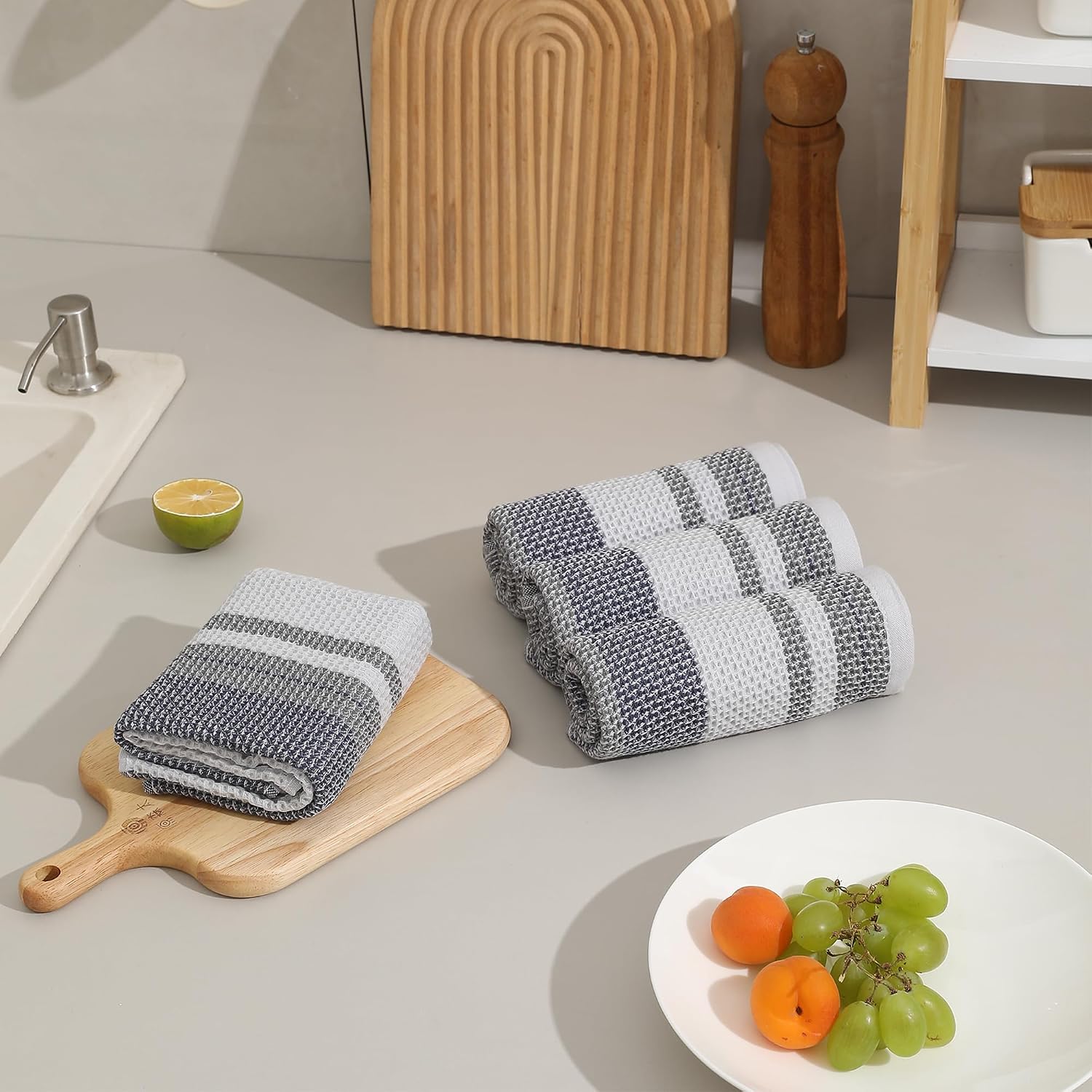 SALAS Kitchen Towels, Dish Towels Cloths for Kitchen Drying Dishes, 100% Cotton Waffle Hand Towels Highly Absorbent Kitchen Rags with Hanging Loop, 13‘’ x 28‘’, 4 Packs Blue