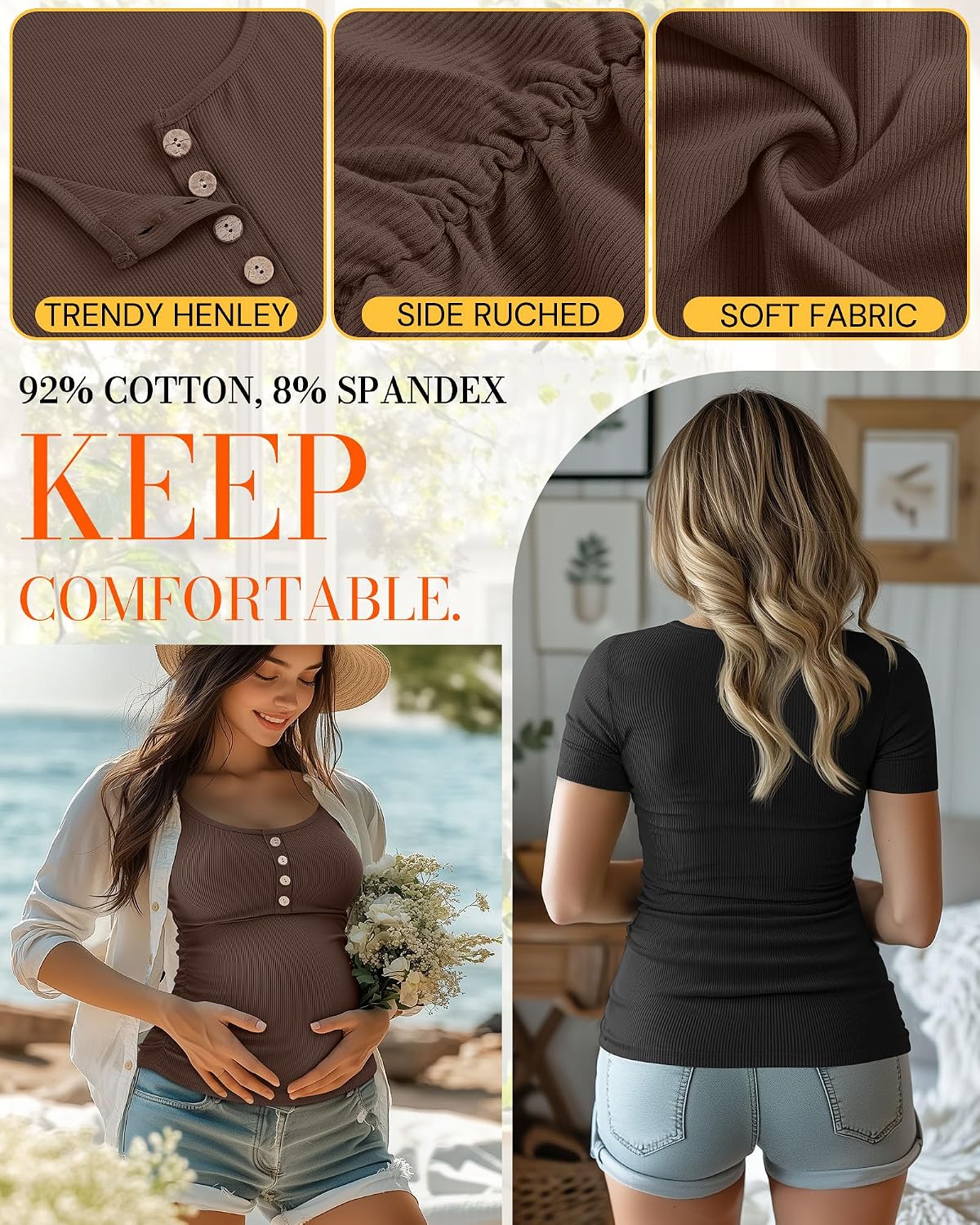 4 Pack Womens Maternity Shirts Scoop Neck Cotton Short Sleeve Ribbed Pregnancy Top Henley Side Ruched Mama Clothes