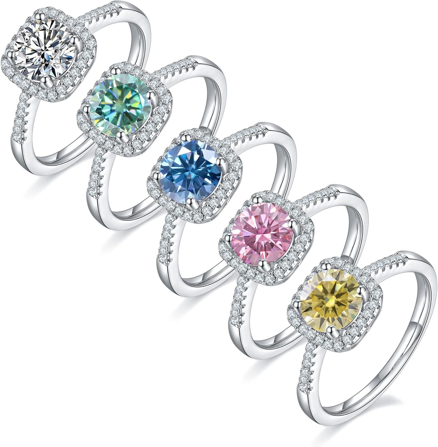 White/Pink/Yellow/Green/Black/Blue Moissanite Rings Wedding Promise Ring for Women 18K White Gold Plated 925 Sterling Silver 6.5mm Moissanite Halo Engagement Rings Christmas Gifts for Her(Size 5-10) - Image 8