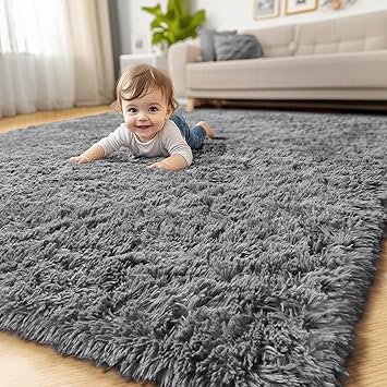 Gray Runner Rugs for Bedroom, 3x5, Fluffy Shag Rugs for Living Room, Furry Bedside Rug for Kids, Teen Boys, Shaggy Throw Rug for Nursery, Fuzzy Plush Grey Carpet, Rectangle, Cute Room Decor for Baby