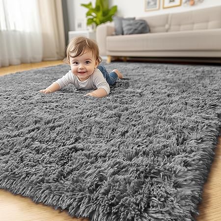 Gray Runner Rugs for Bedroom, 3x5, Fluffy Shag Rugs for Living Room, Furry Bedside Rug for Kids, Teen Boys, Shaggy Throw Rug for Nursery, Fuzzy Plush Grey Carpet, Rectangle, Cute Room Decor for Baby