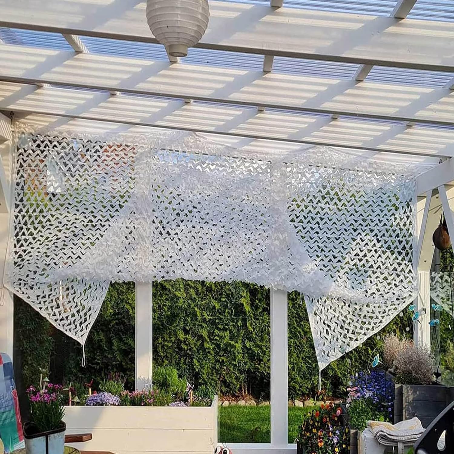 Vela de sombra exterior de malla de camuflaje blanca para decoración de fi
