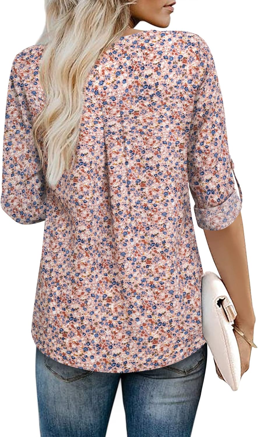 Youtalia Long Sleeve Dress Shirts for Women, Juniors Chiffon Formal Tops 3/4 Sleeve Fall Career Blouses Fashion V Neck Shirts Polyester Printed Tunic Tops Interview Clothes Floral Pink Blue X-Large - Image 3