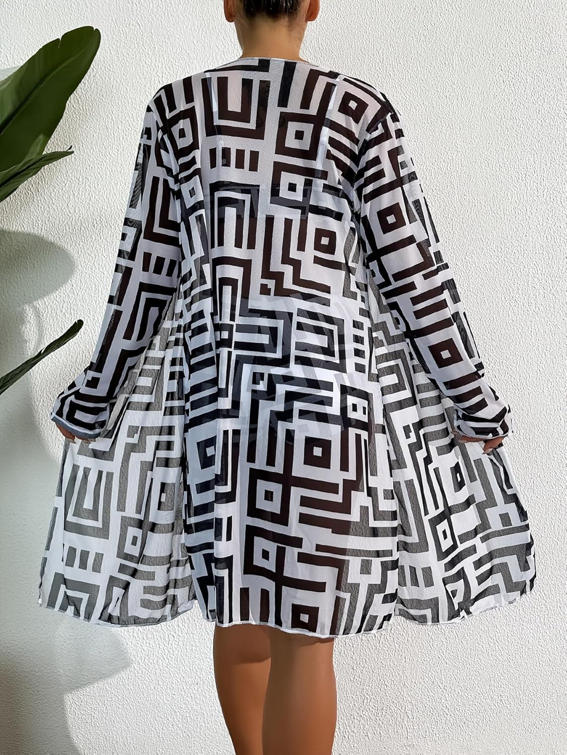3PCS Women's Casual Dresses Ruched Bikini Set Geometric Print with Long Sleeve Sheer Cover Up for Beach Vacation Pool (Black and White M)