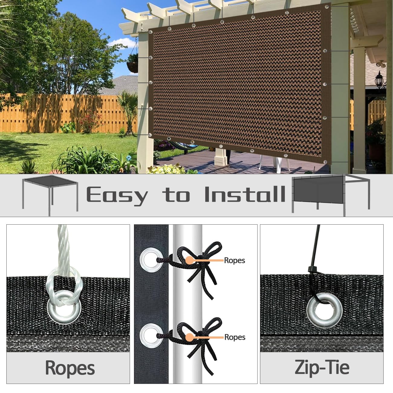 90% Mocha Sun Shade Cloth – 8x12 FT With Grommets, Blocks UV & Rain For Patio, Garden, Pergola