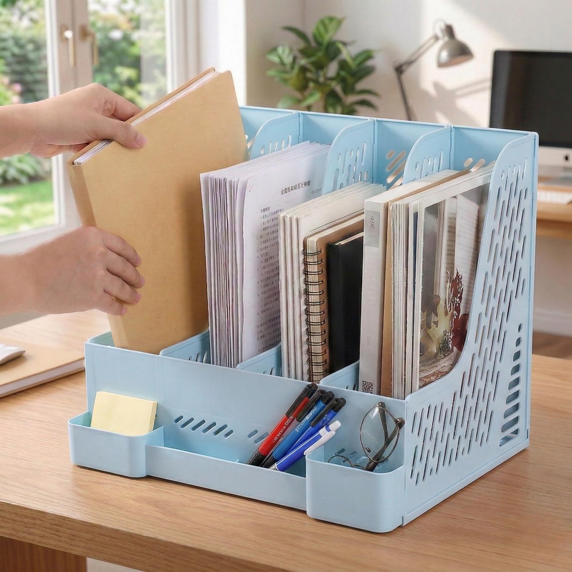 DaKos Portarotolo in plastica a 4 scomparti, organizer da scrivania, organizer per lettere con portapenne, portariviste e libri (celeste)