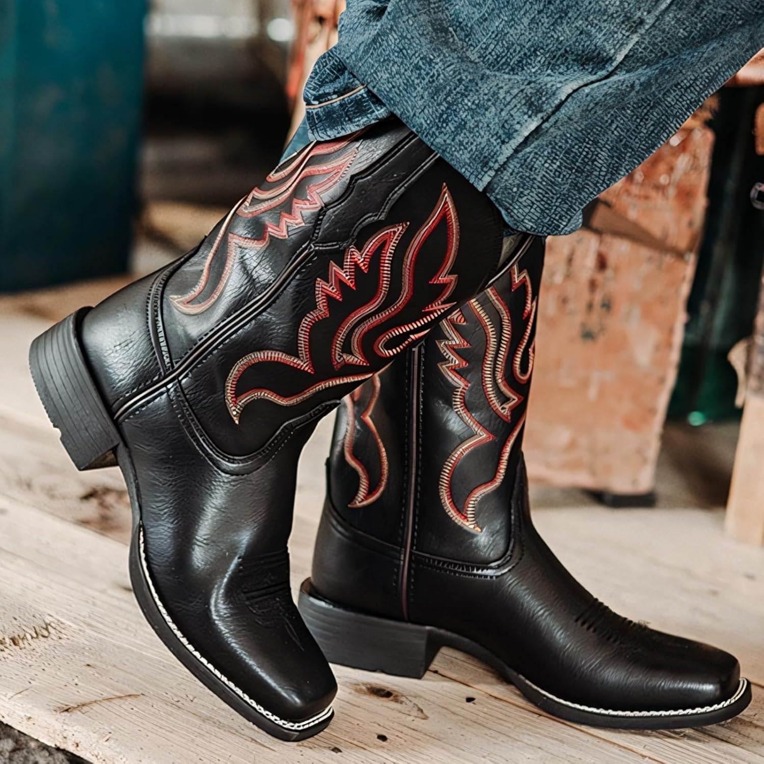 Women's Cowboy Boots for Women Mid Calf Cowgirl Boot Pull On Ladies Western Embroidered Square Toe Boot - Image 2