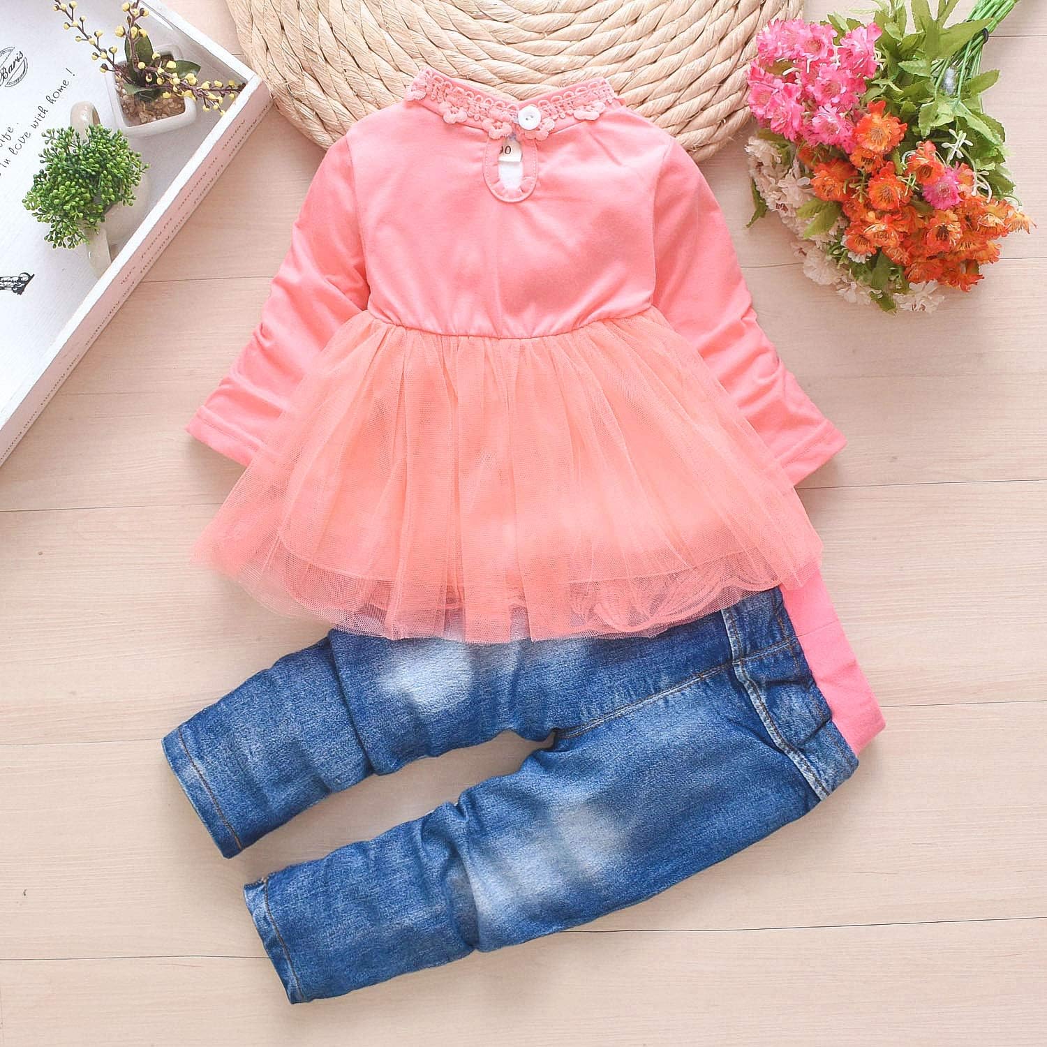 Peacolate 6M-4Years Spring Fall Baby Girls Clothing Set 3pcs Long Sleeve Dress Denim Jacket and Jeans - Image 3