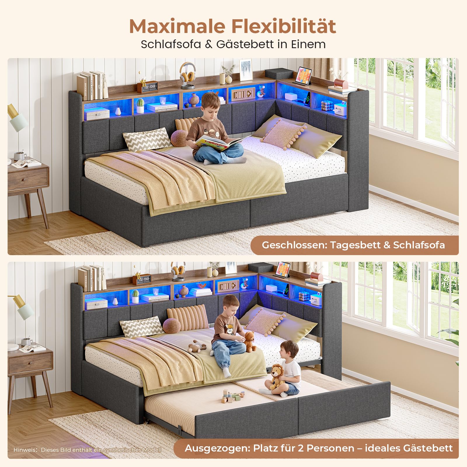 AOGLLATI Polsterbett Schlafsofa 90x200 mit Ausziehbarem Gästebett 90x190
