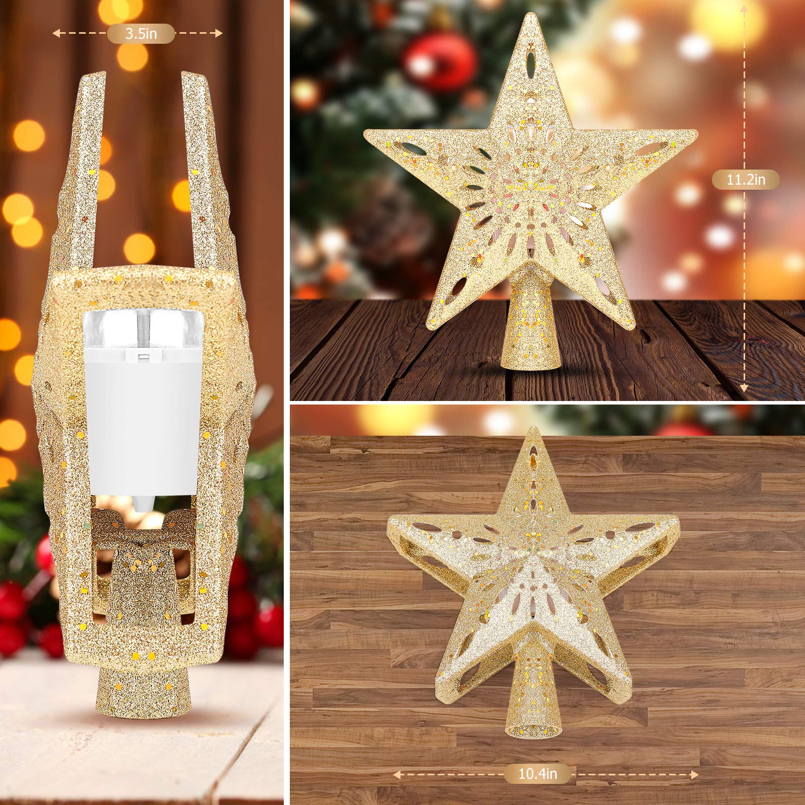 Estrella LED Para La Copa Del árbol De Navidad | Decoración 3D Con Efecto Brillante Y Parpadeo, Base Espiral, Funciona Con Pilas, Color Oro