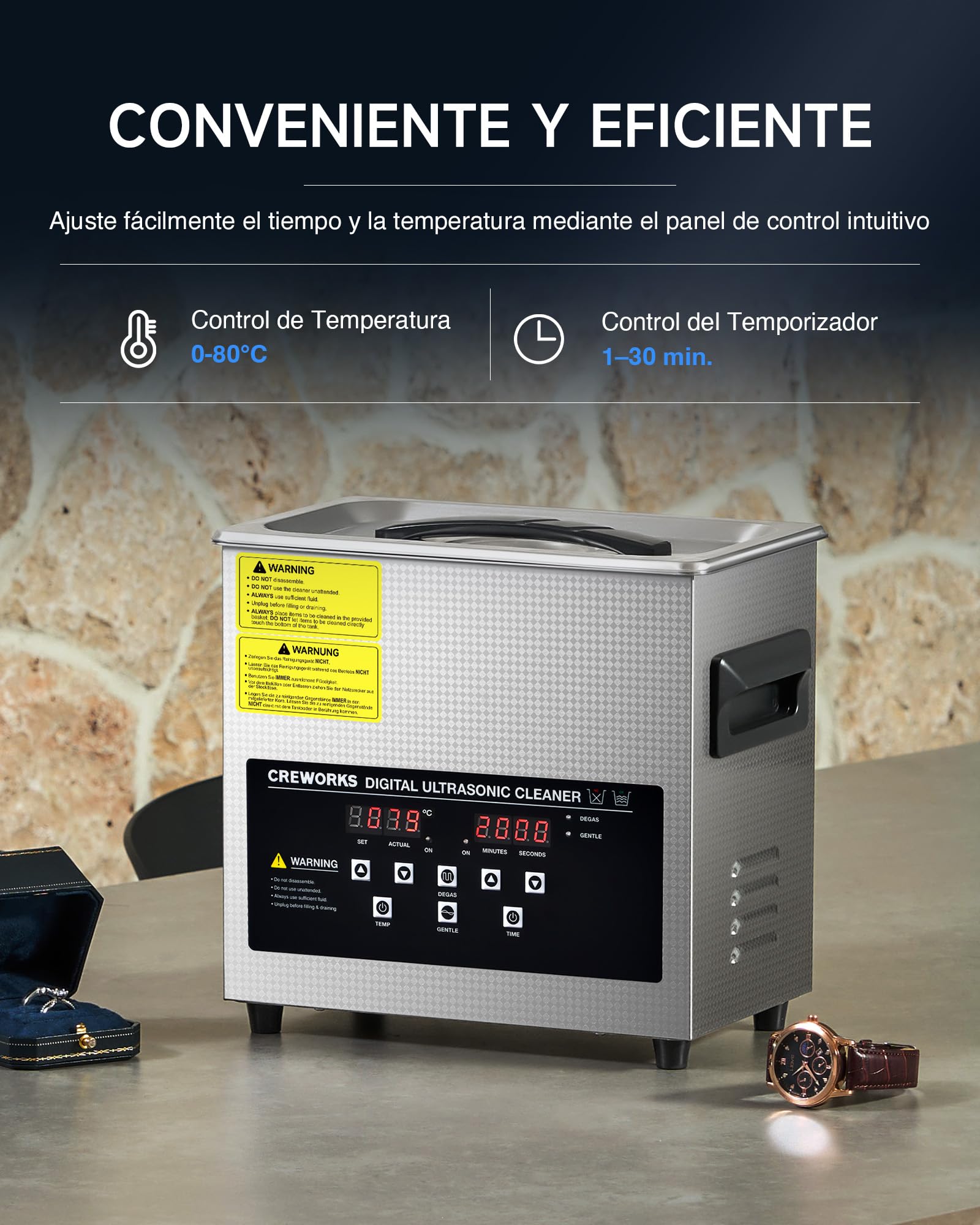 CREWORKS 3L 120W Limpiador Ultrasonidos con Calefacción Temporizador Maquina de Limpieza Ultrasonidos Acero Inoxidable para Prótesis Dentales, Joyas, Gafas, Relojes