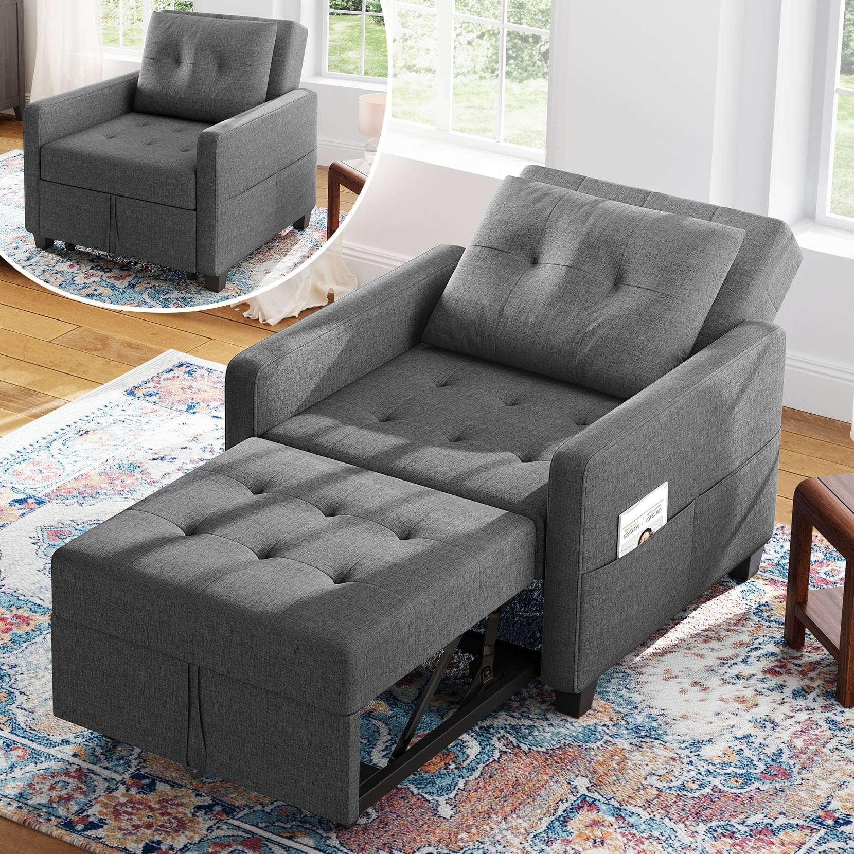Vesgantti Schlafsessel mit Bettfunktion 3-in-1 Ausziehbares Schlafsofa Umwandelbarer Stuhl Bett Verstellbarer Einzelsessel mit Seitentasche, für kleinen Raum, Dunkelgrau