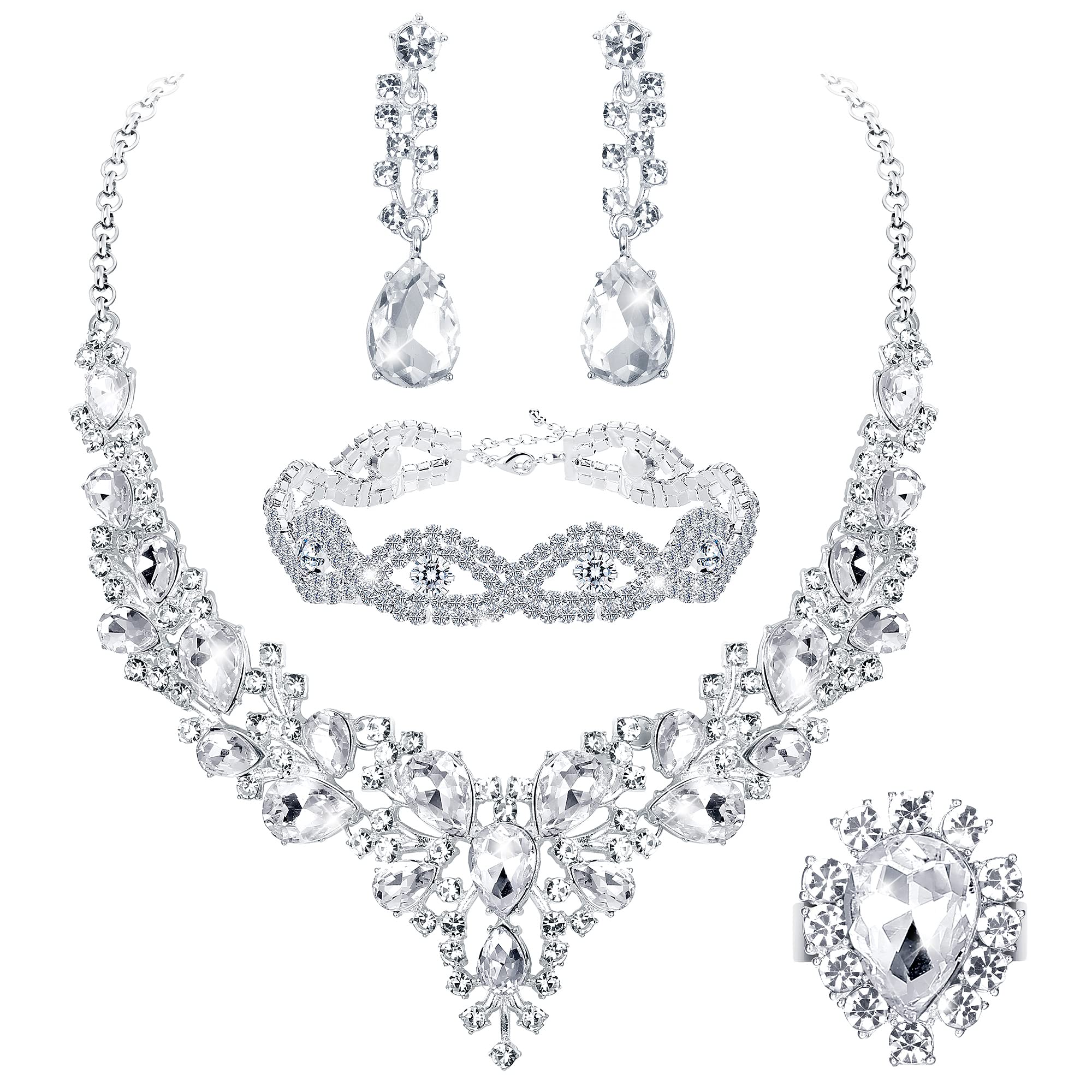 JeweBella 5PCS Juego de Boda Novia Joyas para Mujer Cristal Novia Collar Vintage Boda Pendientes Plata Colgantes y Pulsera Anillos Circonitas Compromiso Boda Novia Dama de Honor Regalo Joyería