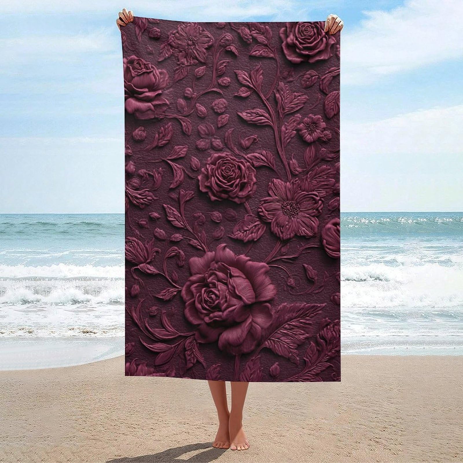 asbwuo Burgundy Embossed Roses Floral Motif Luxurious Beach Towel