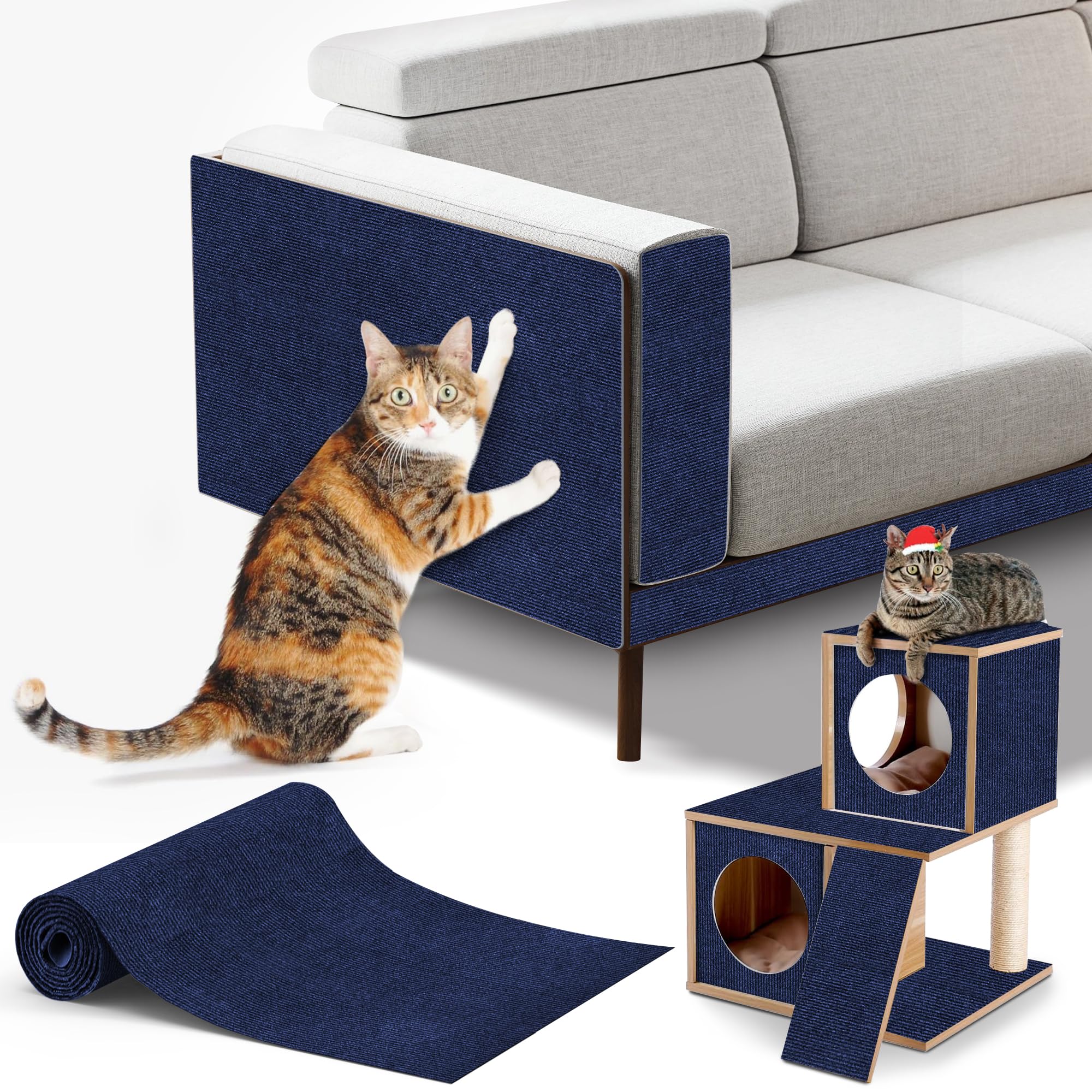 Tapis protection griffures chat autocollant 200x40 cm, revêtement découpable bleu foncé