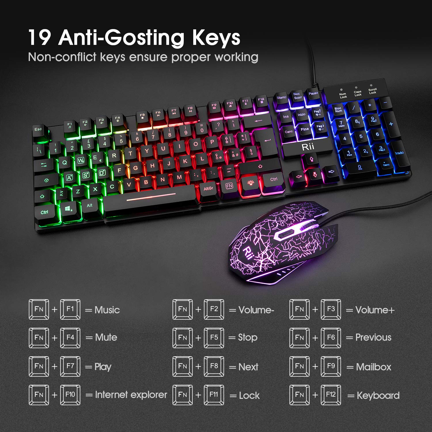 Rii Gaming RK108 (Layout Italiano) - Set Tastiera RK100+ e Mouse da Gioco, retroilluminati a LED, sensibilità Regolabile Fino a 3.200 DPI
