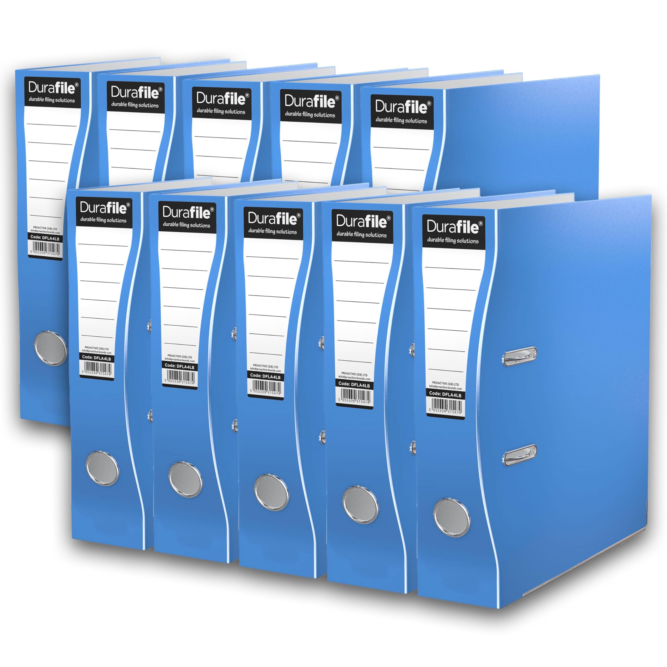 Durafile Lever Arch Files, Light Blue, Pack of 10 Folders, Heavy Duty Board Construction Suitable for A4 Size Documents, Ideal folders for School, Home and The Office