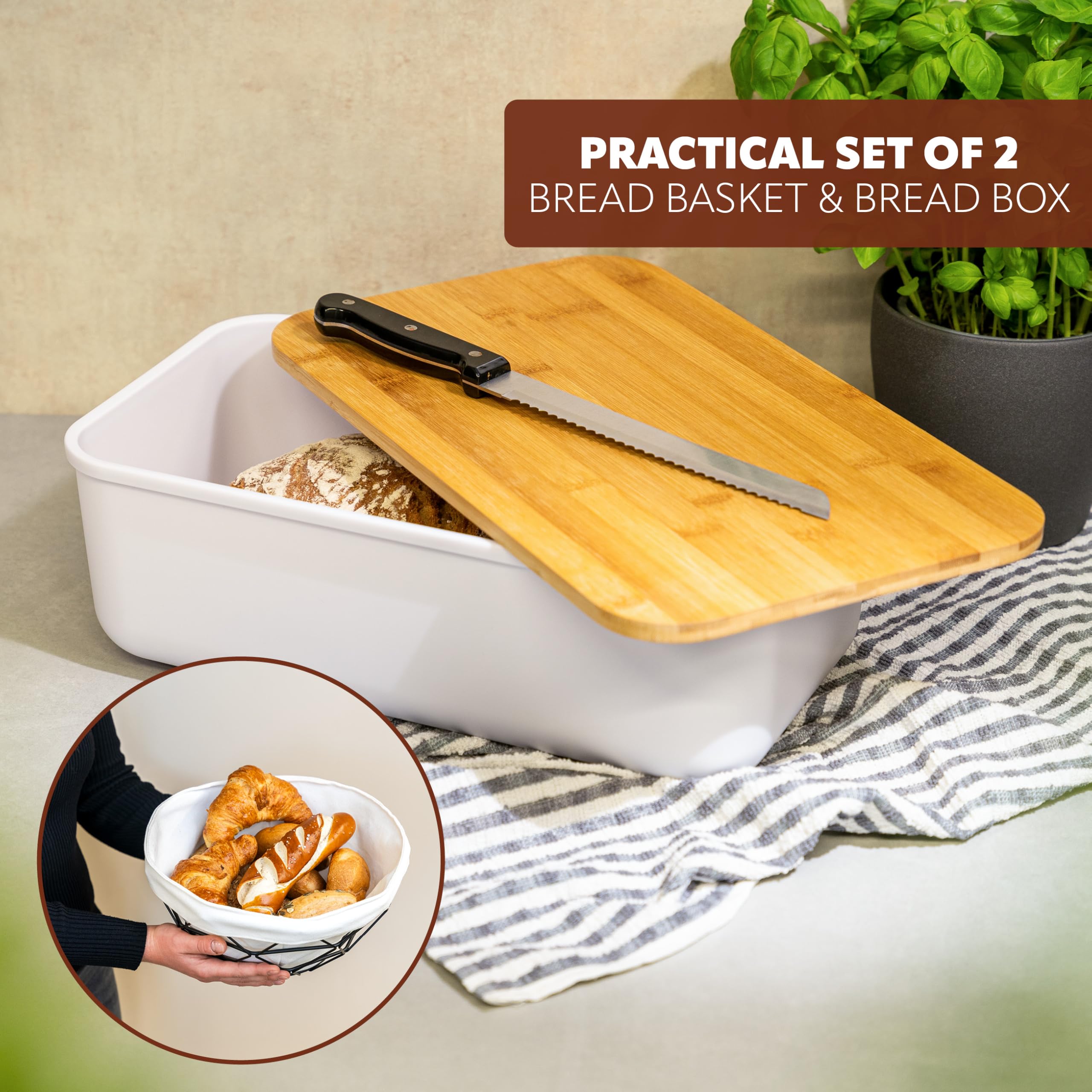 eluno Juego de 2 paneras: panera cuadrada de plástico blanco y cesta de metal con funda de tela lavable, ideal para pan, frutas, verduras y aperitivos
