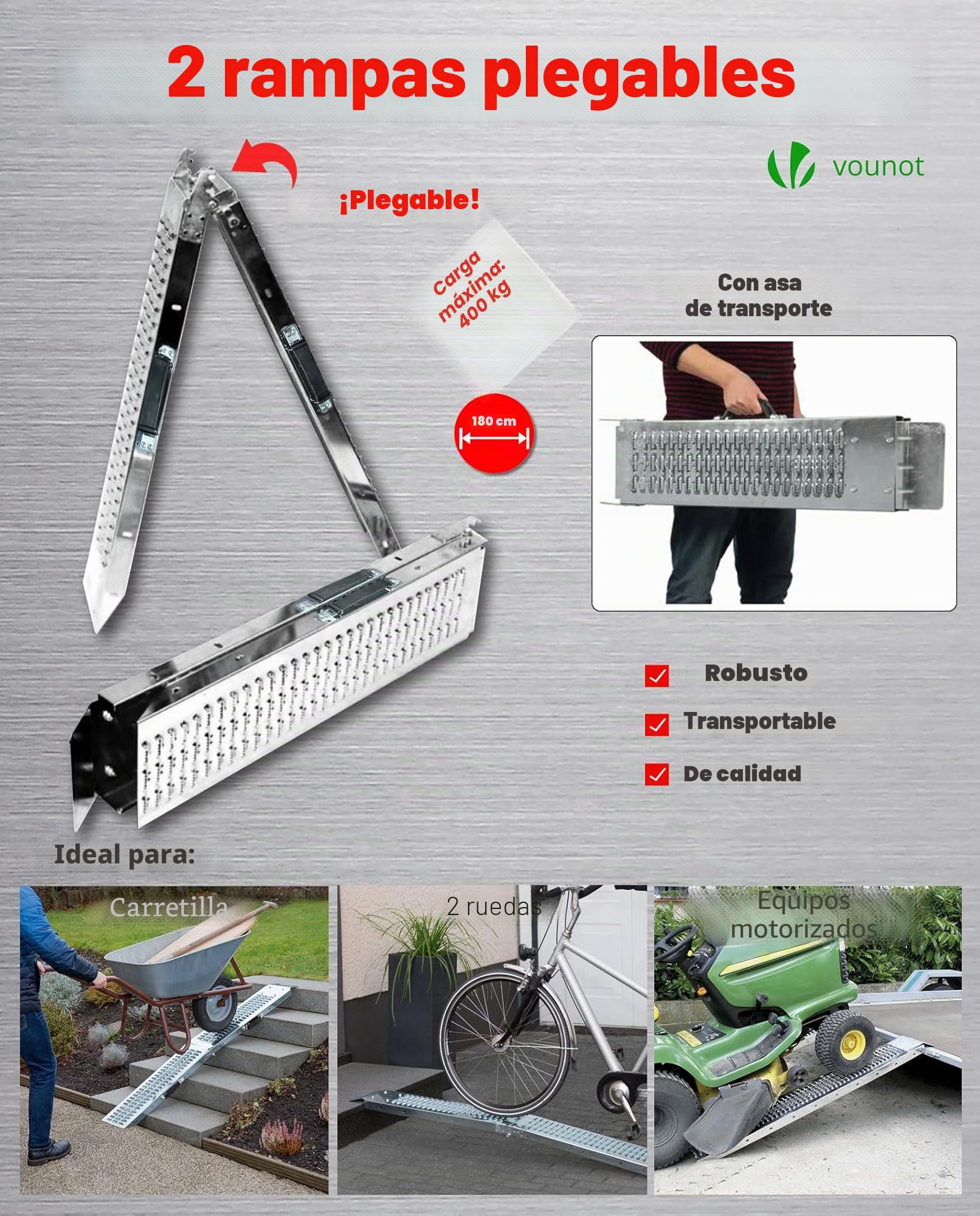 VOUNOT® Rampa Plegable | Rampas de Carga 400 kg MAX | Plegable para Moto y Acceso | Resistente y Conveniente | Tamaño 180 x 23 x 4.5cm
