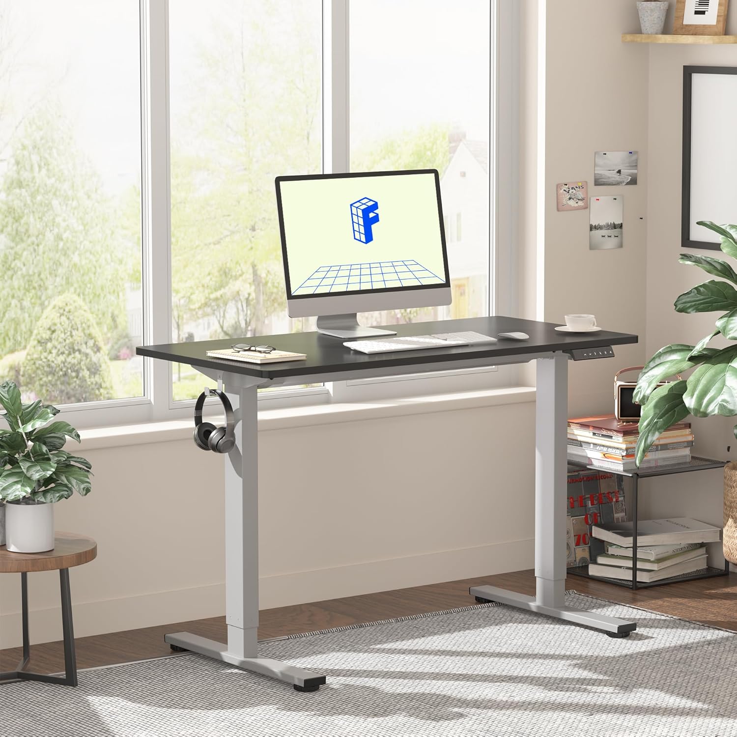 FLEXISPOT EN1 One-Piece Adjustable Desk 40 x 24 Inches Stand Up Desk Workstation Electric Standing Desk with Seamless Desktop (Silver Frame + 40 inches Black Top, 2 Packages)