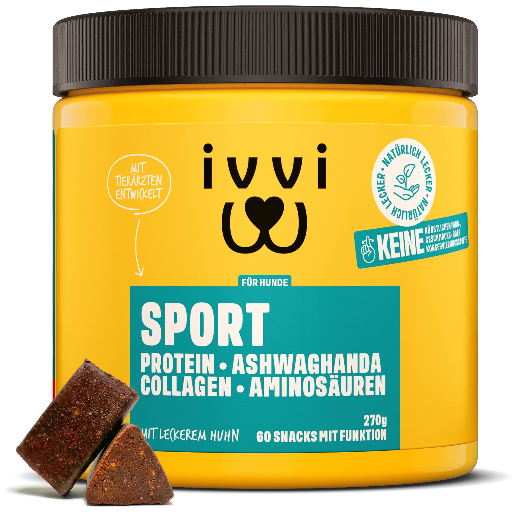 ivvi Sport – Funktionale Snacks für Hunde | Mit Protein, Ashwagandha, Kollagen & Aminosäuren | Unterstützt Muskelaufbau & Regeneration | 60 weiche Snacks (270 g)