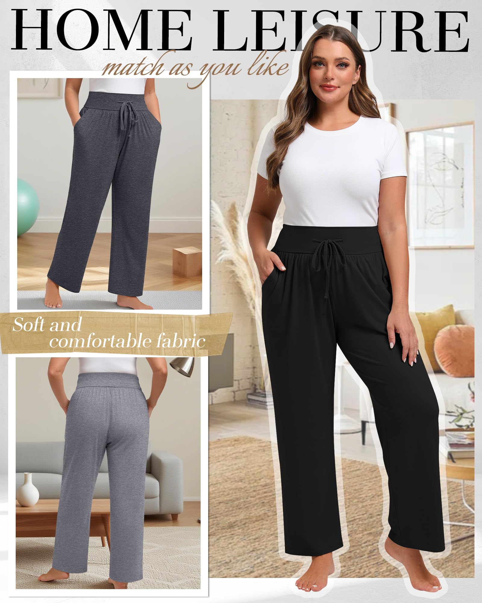 Neer Set da 3 Pantaloni da Lounge Grande Taglia per Donna Pantaloni da Yoga a Gamba Larga Ampi Jogger Casual