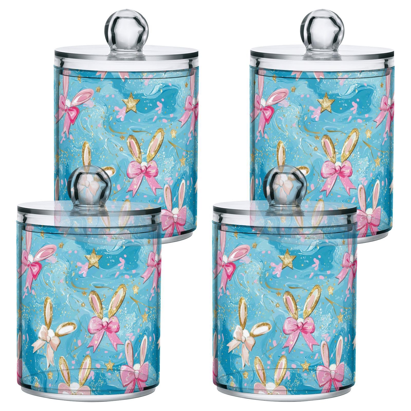 Gredecor 2 Pack Qtip Holder Clear Cute Bows Bunny Ears (3) Apothecary Jars with Lids Acrylic Bathroom Jars Vanity Countertop Canister Storage Organizer for Cotton Ball,Swabs,Pads,Floss