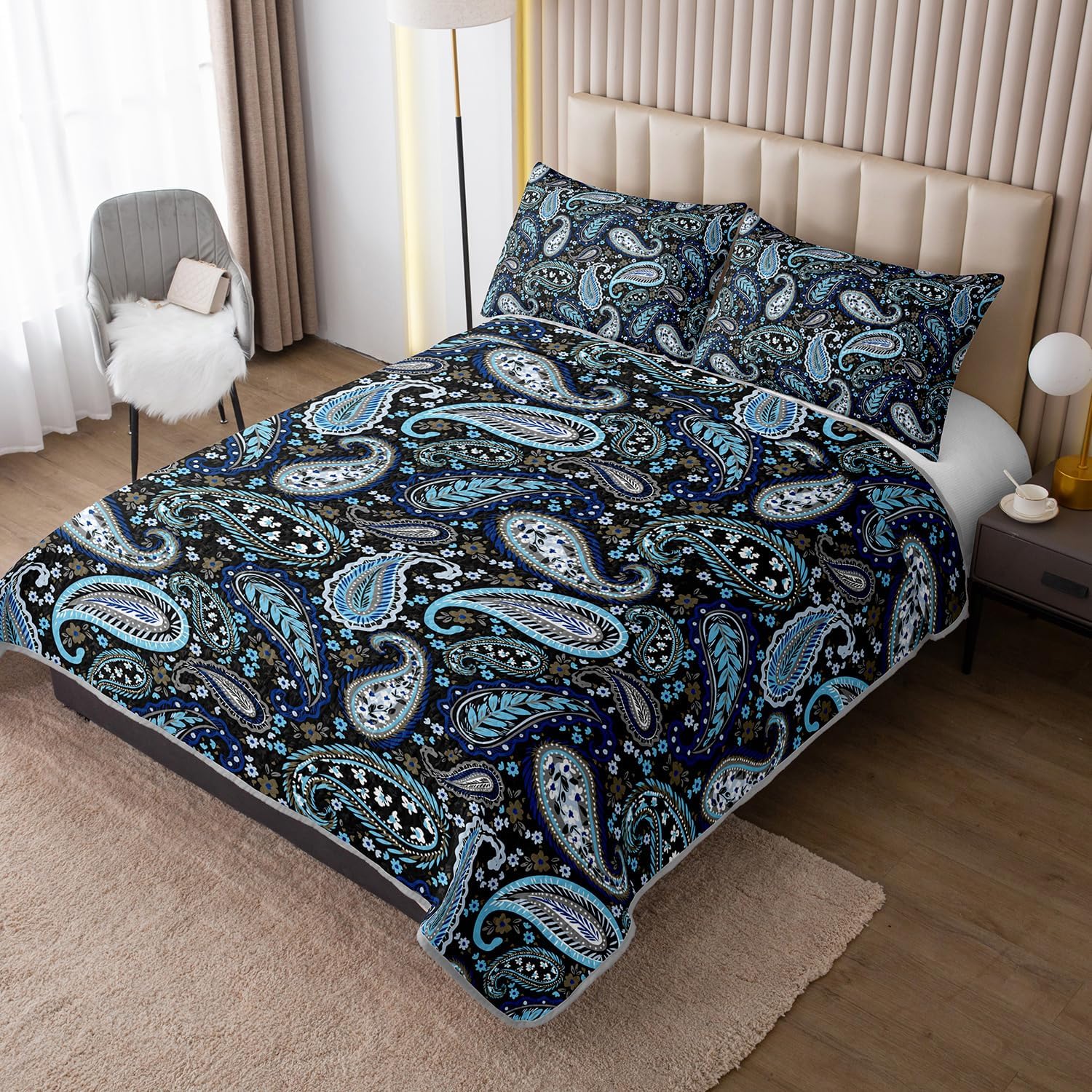 HOSIMA Flowers Printed Blue Bohemia Style Quilt Queen with 2 Pillowcases. image 2
