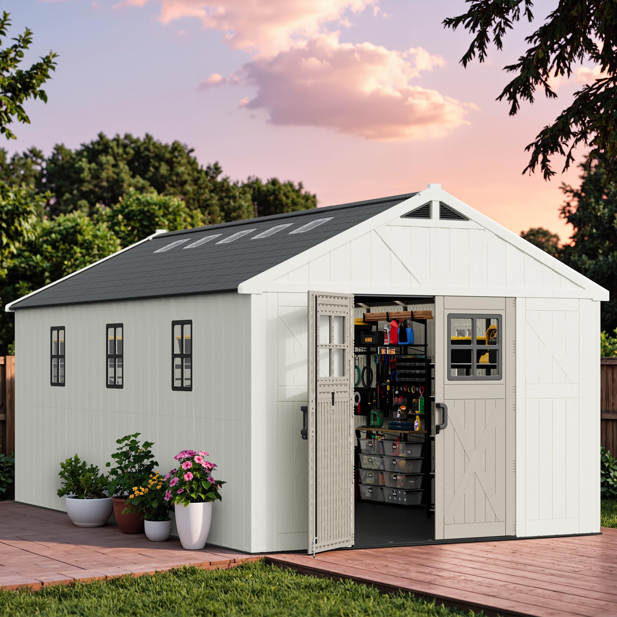 An exterior view of the assembled GUNJI 10x16 FT Resin Outdoor Storage Shed, showing its beige walls, dark roof, and double doors.