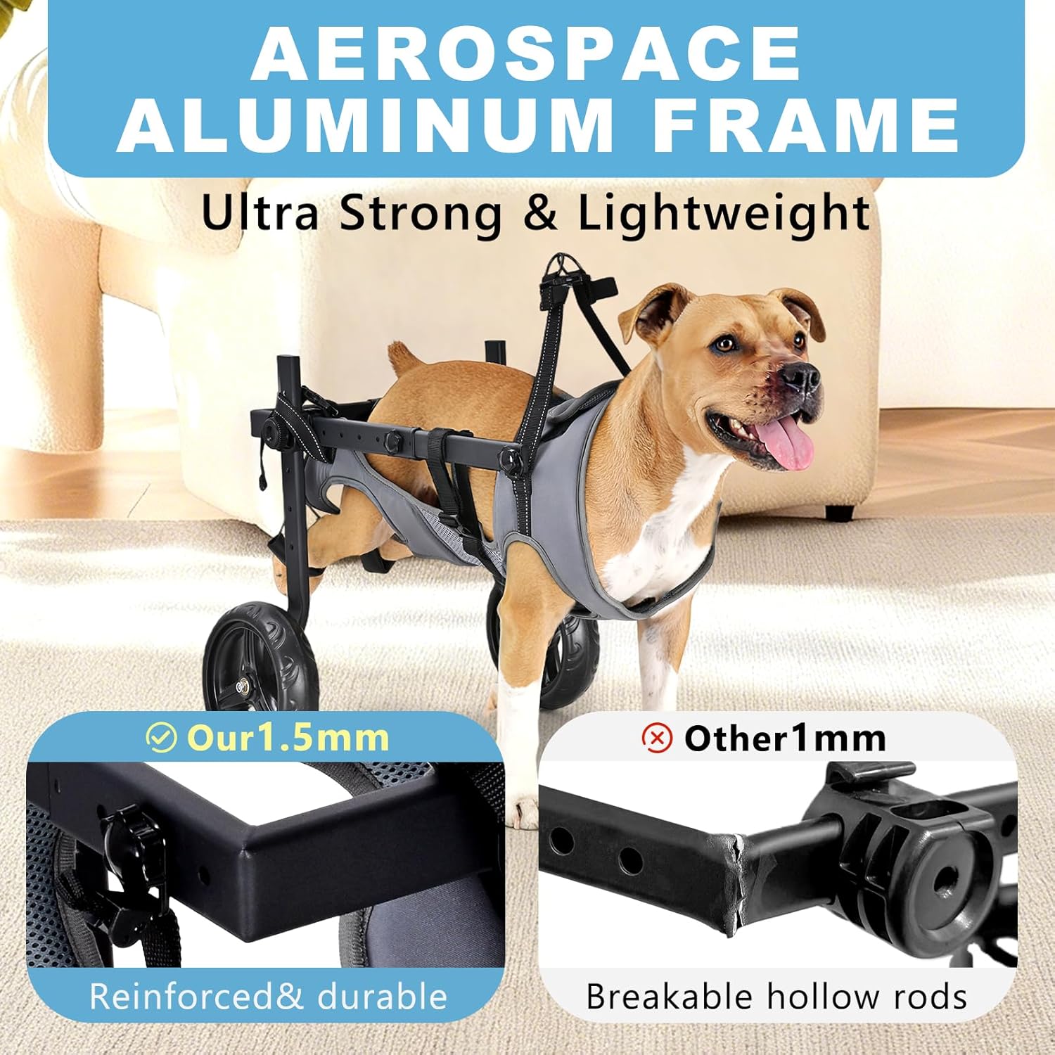 Dog Wheelchair for Back Legs, Adjustable Height/Length/Width, Sturdy Wheelchair with All-Terrain Shock-Absorbing Wheels, Mobility Support for Injured or Disabled Small & Medium Dogs & Cats