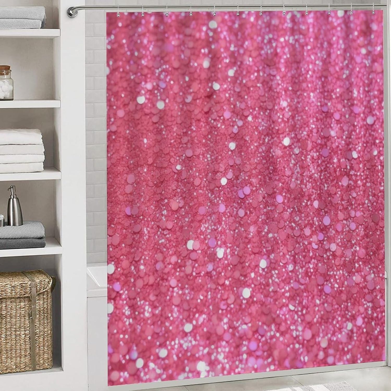 Sparkling Pink Glitter Shower Curtain Set 4 Piece, Non-Slip Bath Mat with Toilet Lid Cover and Waterproof Shower Curtain with 12 Hooks, Complete Bathroom Set for Home Decor